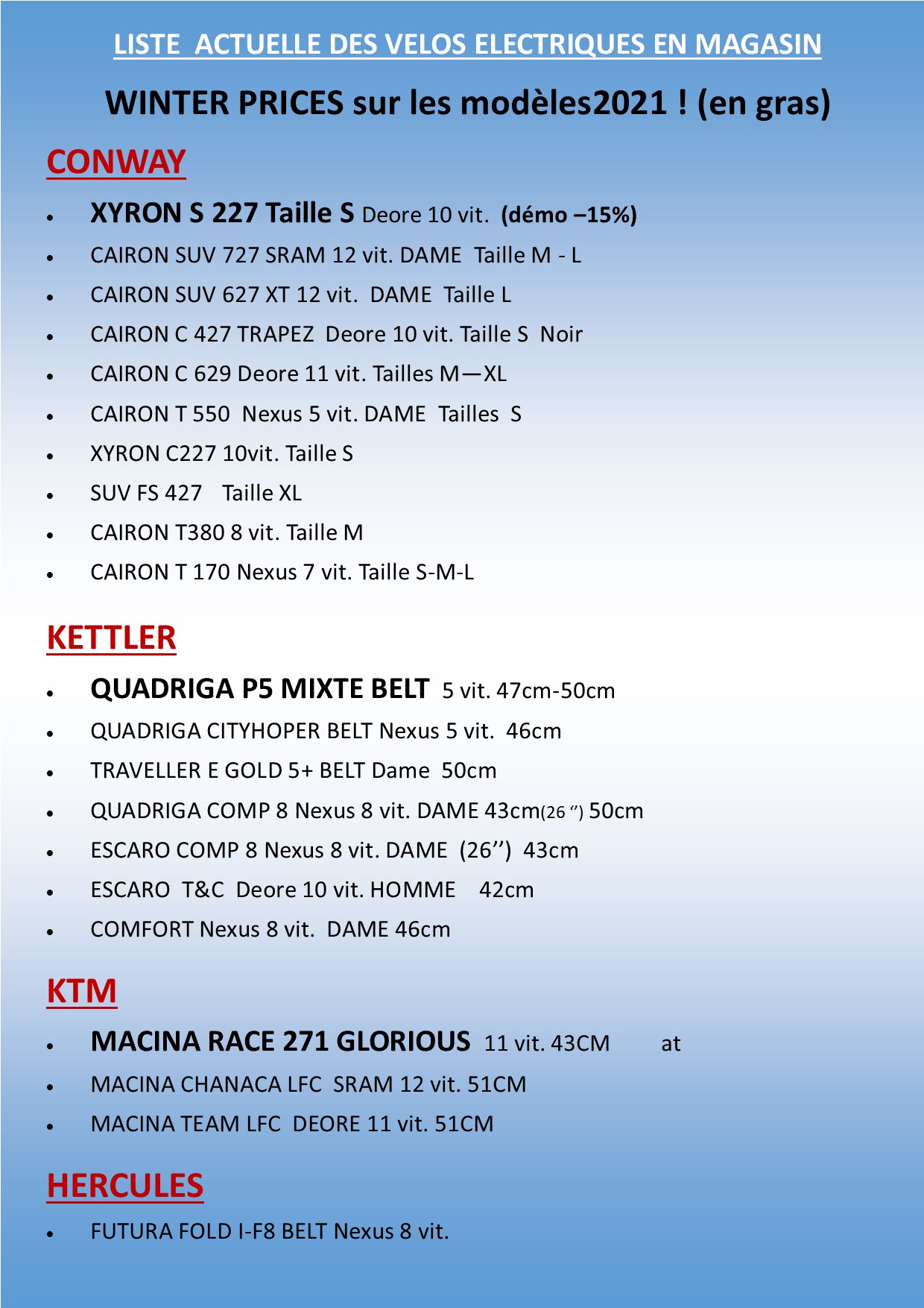 LISTE E-BIKES 2 sans prix